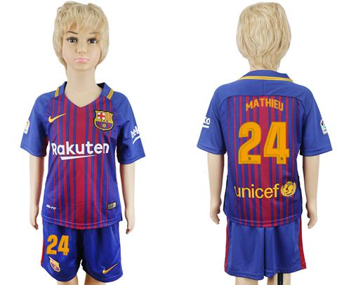 Barcelona #24 Mathieu Home Kid Soccer Club Jersey - Click Image to Close